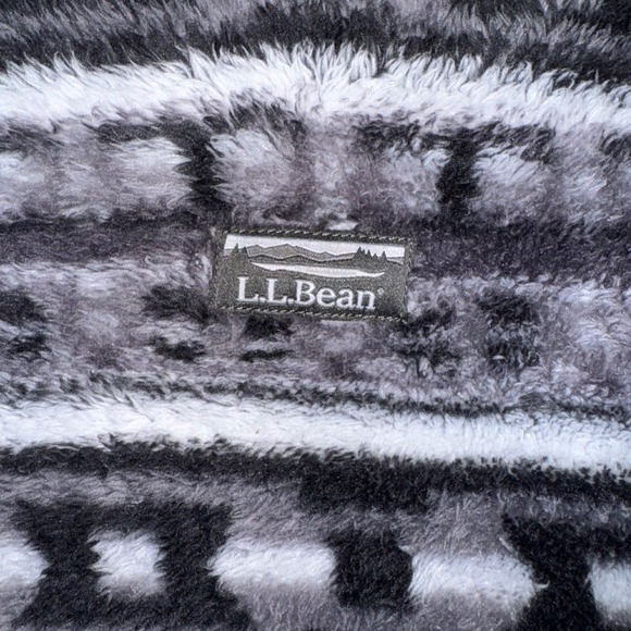 LL Bean Womens Large Fleece Hoodie Black White Fair Isle Pullover 512317 - Picture 3 of 11